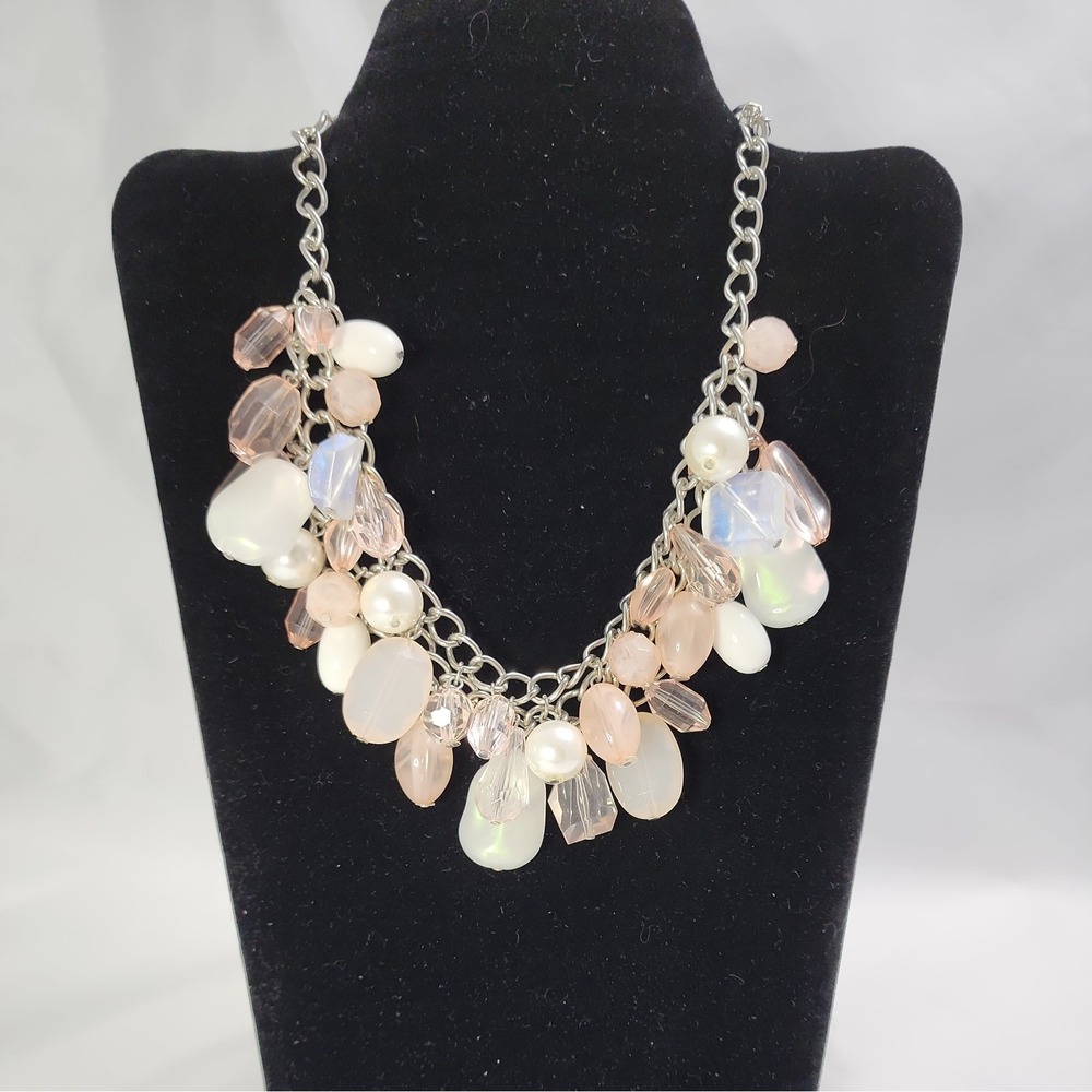 Vintage Art Deco Crystal Bead 18" Necklace PINK WHITE Multicolor Pastel Pretty